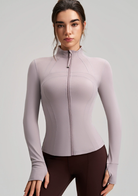 Long sleeve lavender yoga jacket with finger stall and stand collar