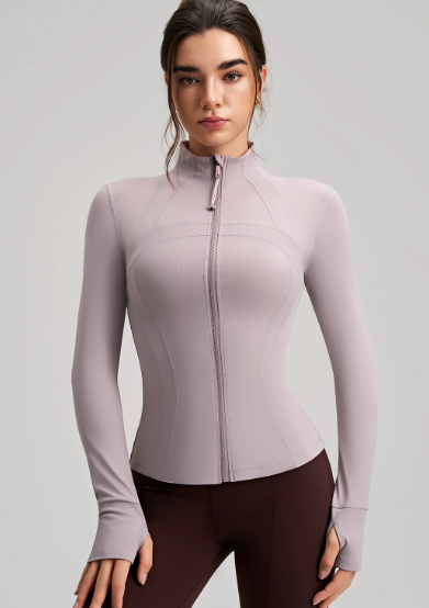Long sleeve lavender yoga jacket with finger stall and stand collar
