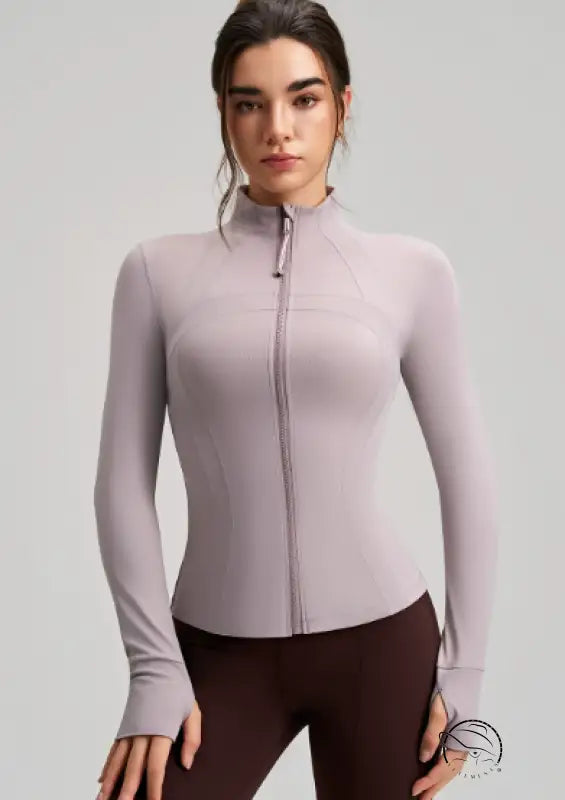 Long sleeve lavender zip-up yoga jacket with finger stall collar
