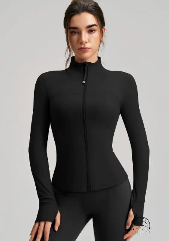 Black long sleeve peplum yoga jacket with finger stall collar