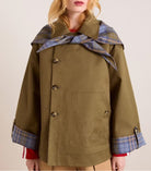 Olive green plaid Langry fashion coat with hood and button closure