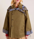Olive green plaid trim hooded coat with button closure, langry fashion ملابس