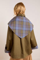 Casual retro Langry plaid fashion coat with olive green and blue accents