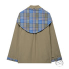 Tan Burberry raincoat with plaid lining, hood, and Englon fashion scarf coat