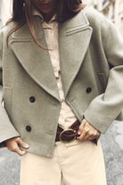 Sage green Langry fashion double-breasted wool coat with black buttons