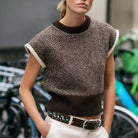 Elegant Langry brown and white herringbone short-sleeve fashion knit vest top