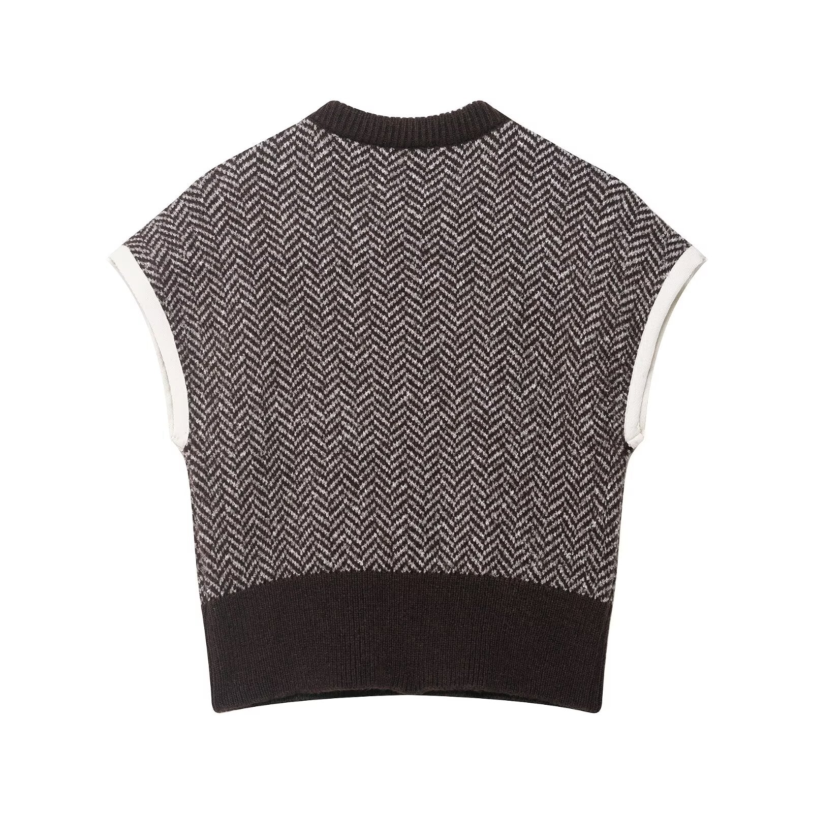 Elegant langry fashion knitted vest top in black white herringbone