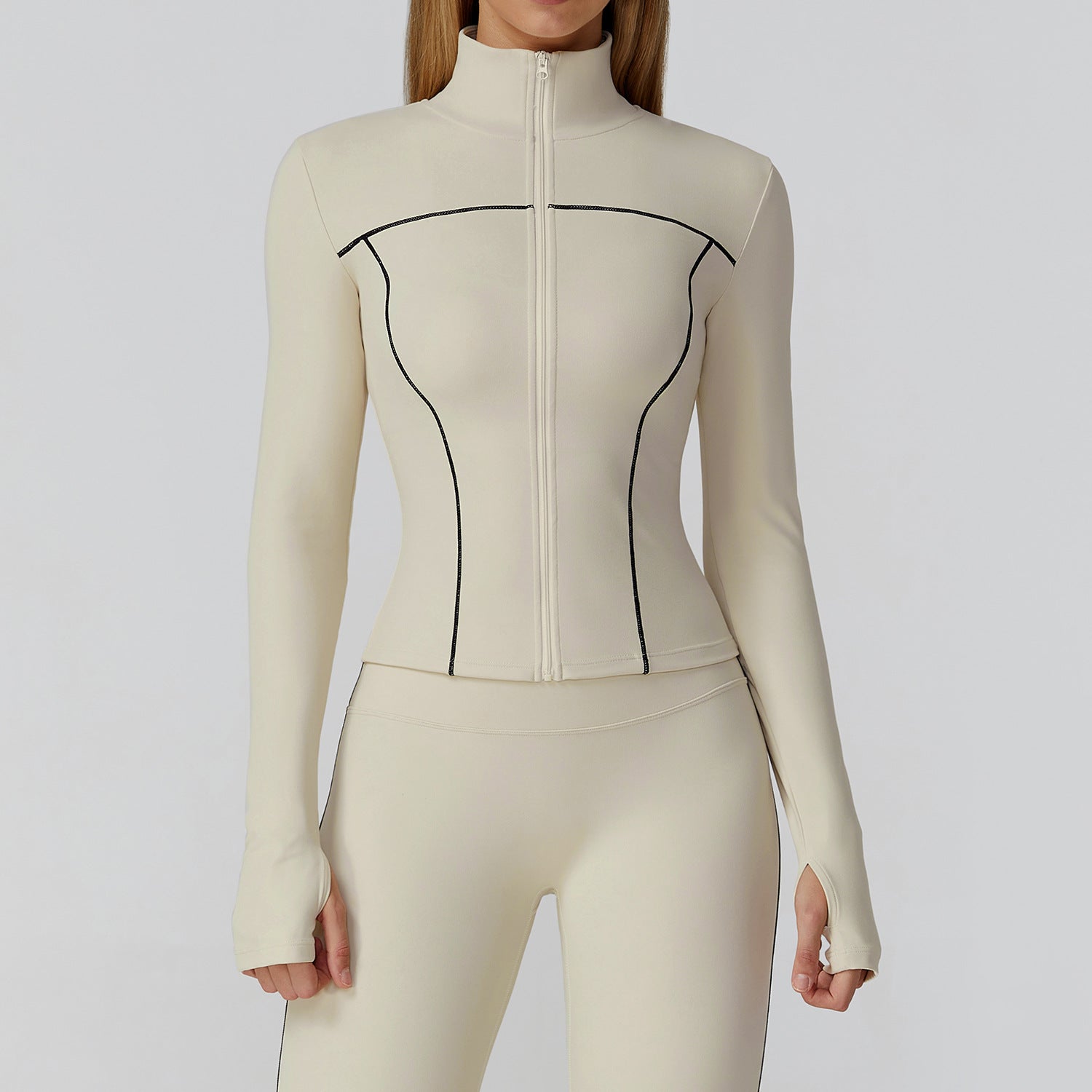 Langry fashion cream-colored zip-up bodysuit with black contour lines, slim windproof jacket