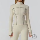 Langry fashion cream-colored zip-up bodysuit with black lines, slim windproof jacket