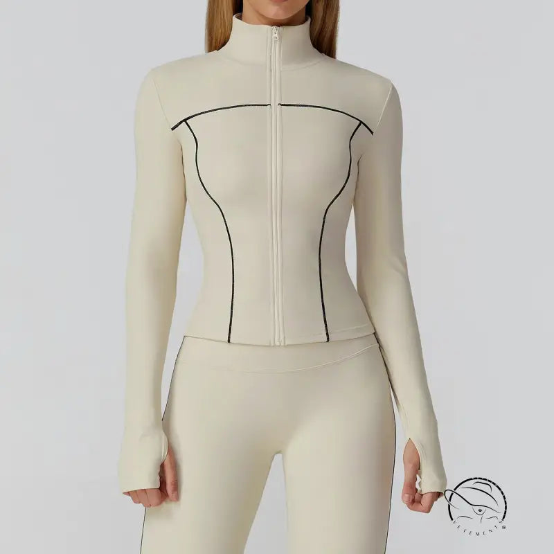 Langry fashion cream-colored zip-up bodysuit with black lines, slim windproof jacket