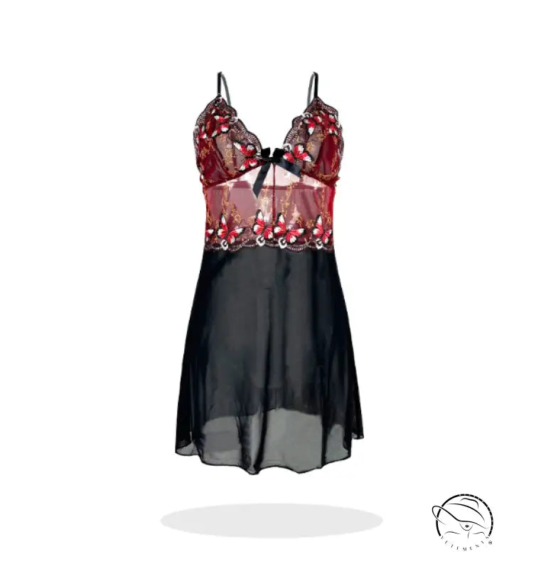 Black and red butterfly lace embroidery lingerie nightdress with sheer floral fabric
