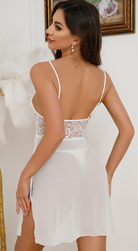 Langry white lace-trimmed mesh slip dress with spaghetti straps and high slit