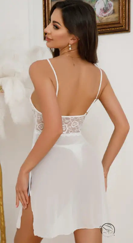 White lace-trimmed Comfy Strap Mesh Temptation langry nightdress in fashion ملابس