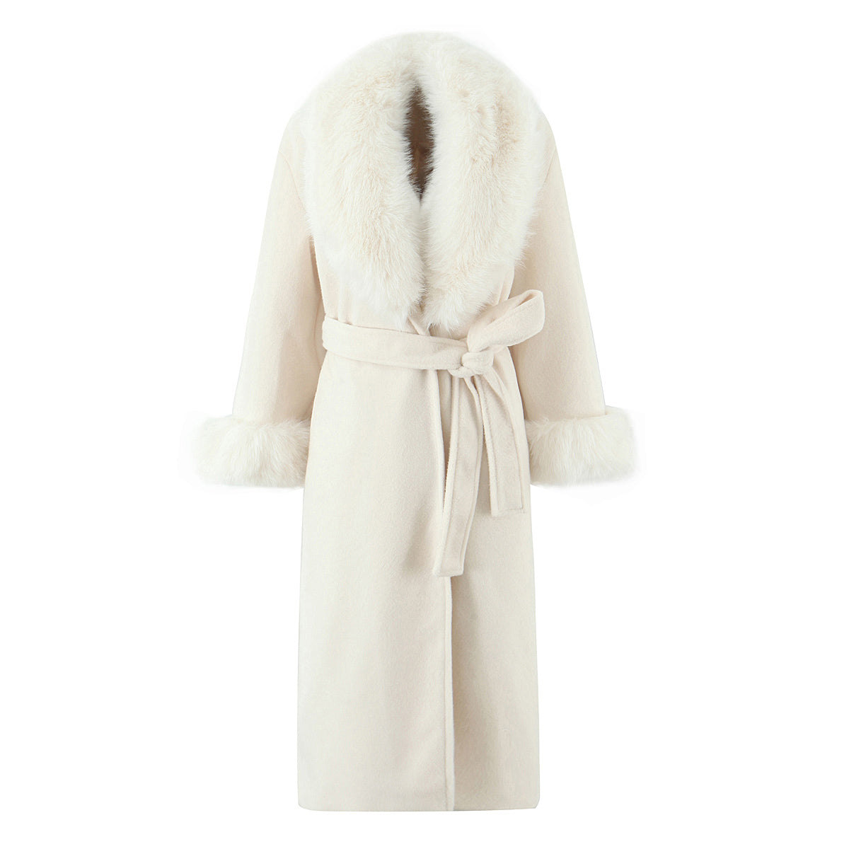 Elegant langry white woolen long coat with big fur collar, belt and hood