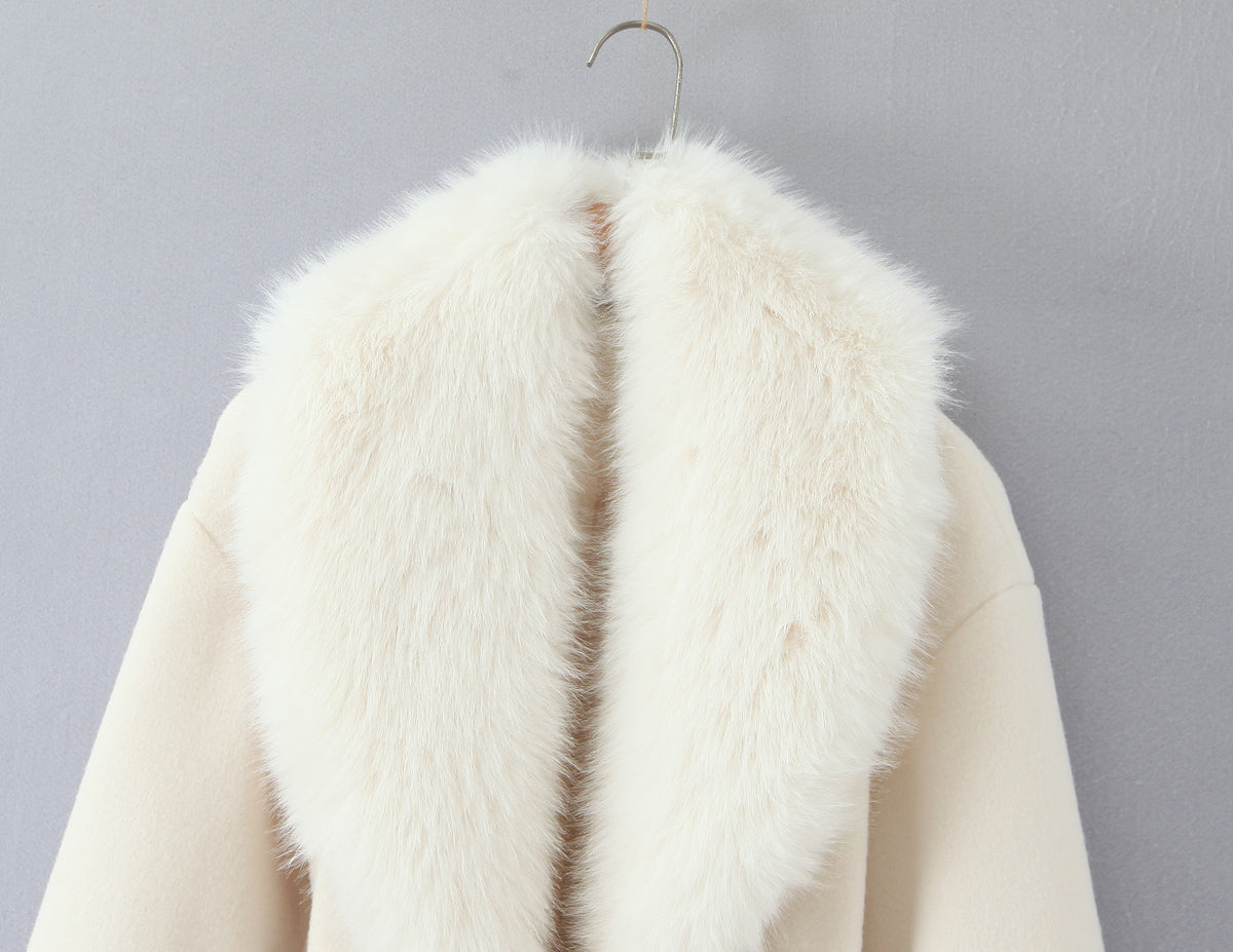 Elegant langry fashion cream faux fur hooded coat with zipper