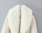 Elegant langry fashion cream faux fur hooded coat with zipper