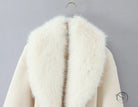Elegant langry white woolen long coat with cream faux fur hood and zipper