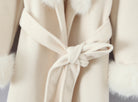 Elegant Langry fashion white woolen coat with cream fur trim and bow belt