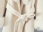 Elegant langry fashion cream fur-trimmed wool coat with bow tie belt