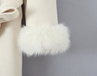 Elegant langry fashion white woolen coat with fluffy wrist warmer and fur trim