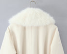 Elegant langry fashion white woolen long coat with cream fur-trimmed hood