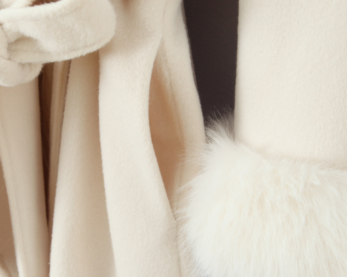 Elegant langry big fur collar belt white woolen long coat with fluffy texture