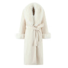 Elegant langry fashion cream faux fur belt hood long coat