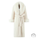 Elegant langry fashion white woolen long coat with big fur collar, belt and hood