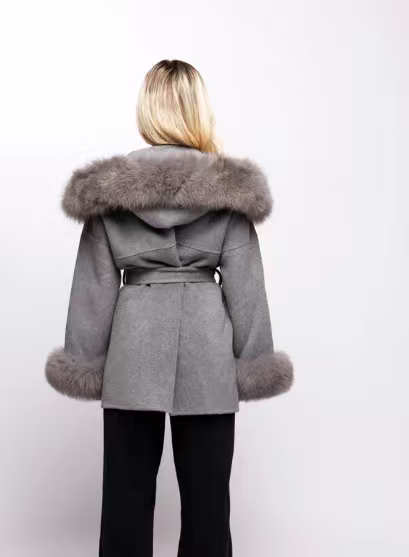 Langry fashion grey fur-trimmed hooded woolen overcoat with belt