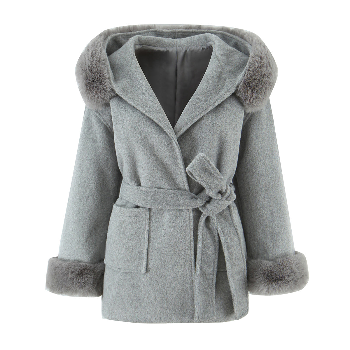 Langry fashion winter mid-length woolen hooded overcoat with fur trim and belt