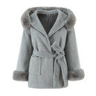 Langry fashion winter mid-length woolen hooded overcoat with fur trim and belt