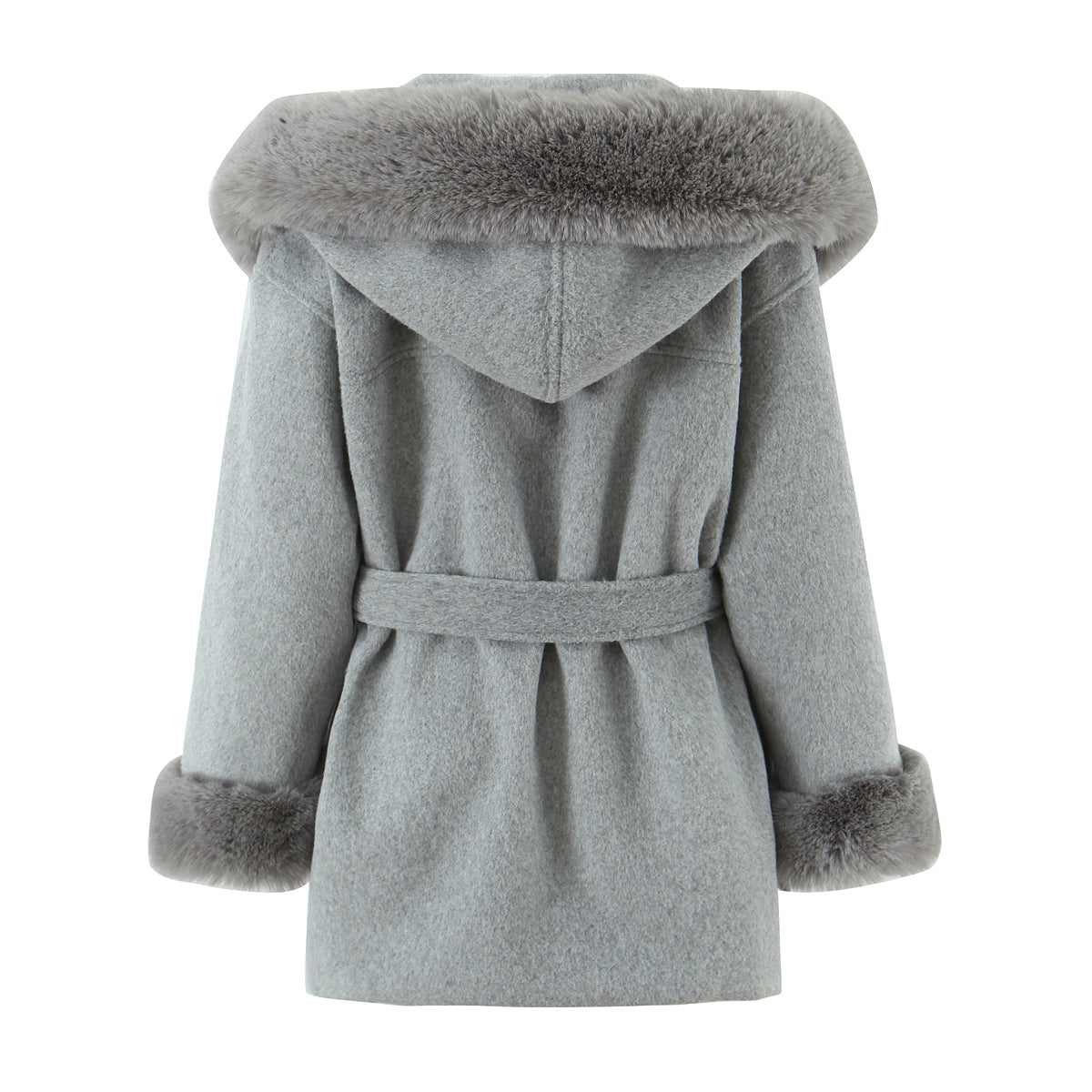 Langry fashion winter mid-length hooded woolen overcoat in light gray faux fur