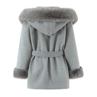 Langry fashion winter mid-length hooded woolen overcoat in light gray faux fur