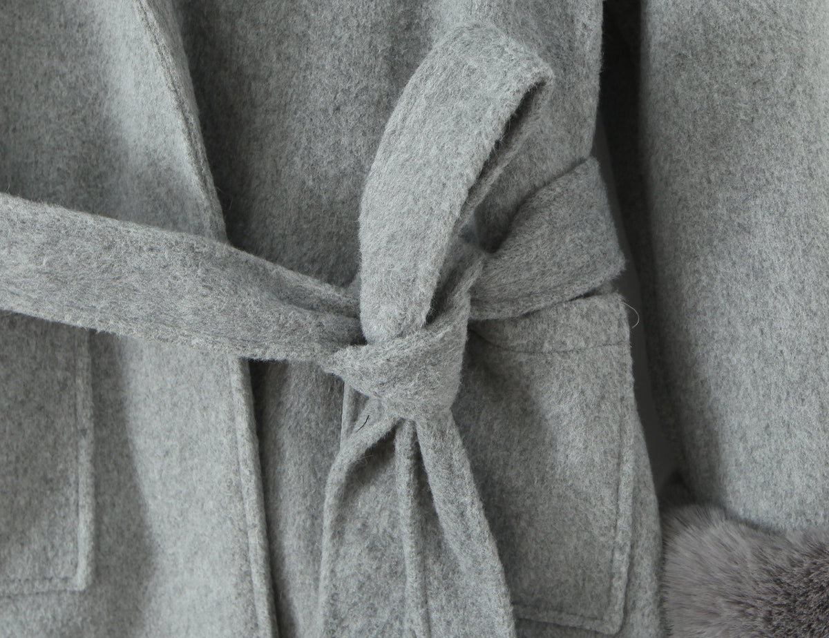 Gray langry fashion wool coat with bow tie belt in winter hooded overcoat
