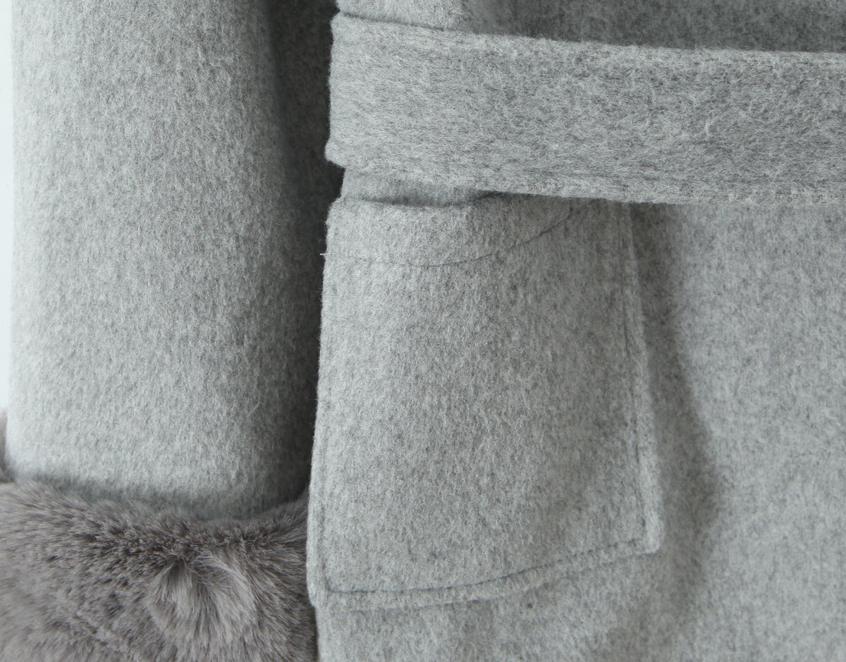 Langry fashion grey wool coat with fur trim and pockets