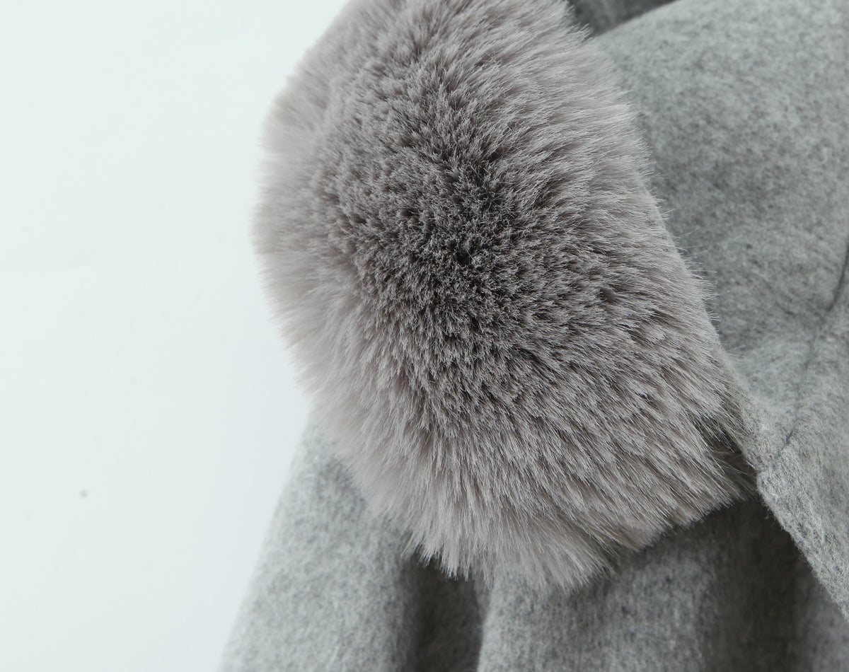 Langry fashion winter mid-length hooded woolen overcoat with grey fluffy fur collar