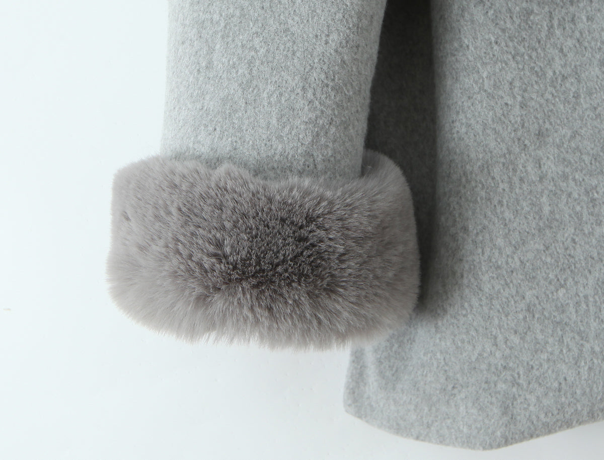 Gray fur-trimmed sleeve with button detail on Langry fashion winter hooded overcoat