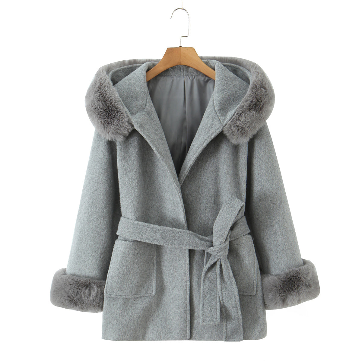 Langry fashion winter mid-length hooded woolen overcoat with faux fur lining, belt, and pockets