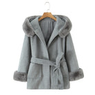 Langry fashion winter mid-length hooded woolen overcoat with faux fur lining, belt, and pockets