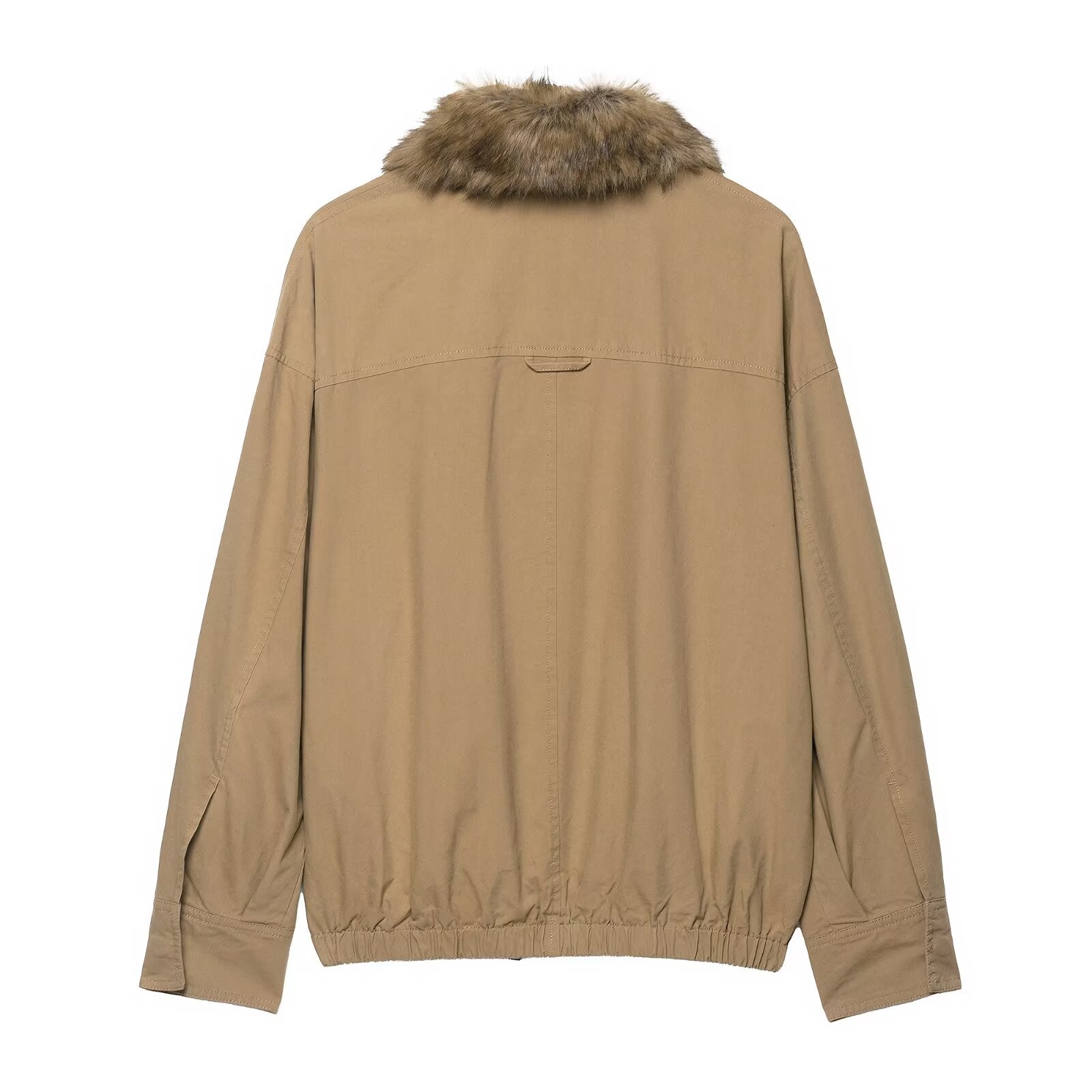 Elegant Langry fur collar bomber jacket in beige with drawstring waist and pockets, fashion ملابس