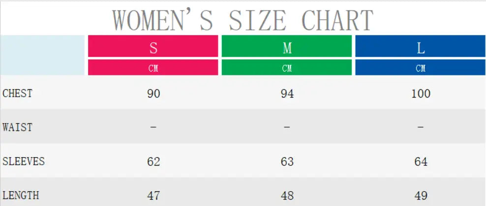 جدول مقاسات لانجري فاشون للسيدات لمعطف كارديجان قصير بسحاب مريح مع قياسات باللون الأحمر والأخضر والأزرق للصدر والخصر وطول الأكمام.
