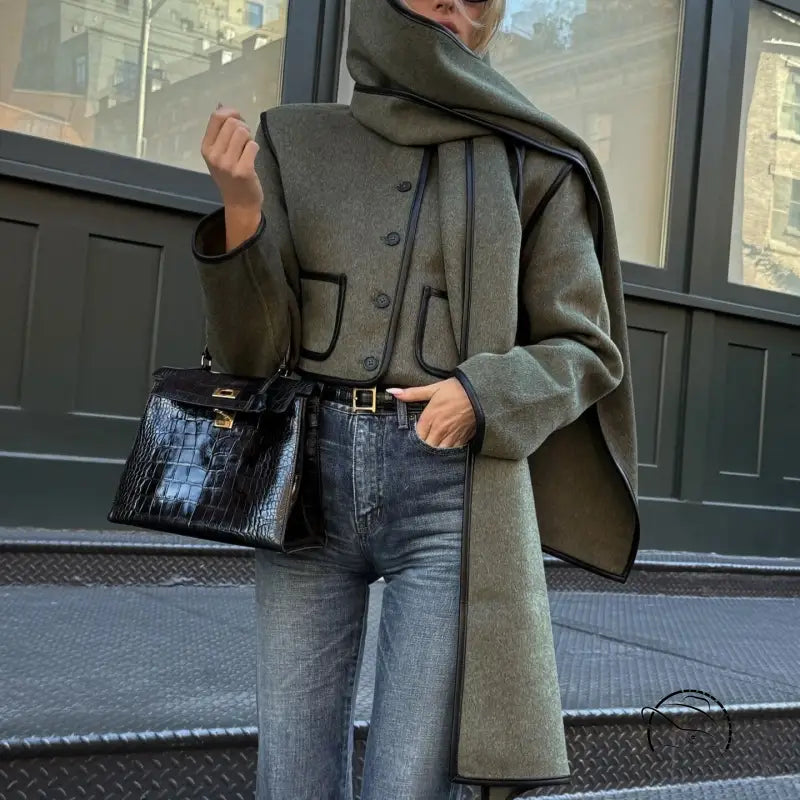 Langry fashion black crocodile crossbody bag in cozy woolen coat