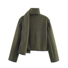 Langry olive green cropped woolen baggy coat with high collar and zipper details