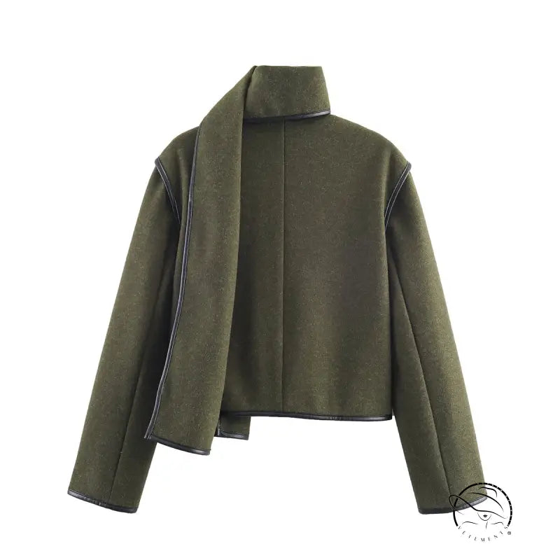 Langry fashion olive green cropped woolen coat with high collar zipper