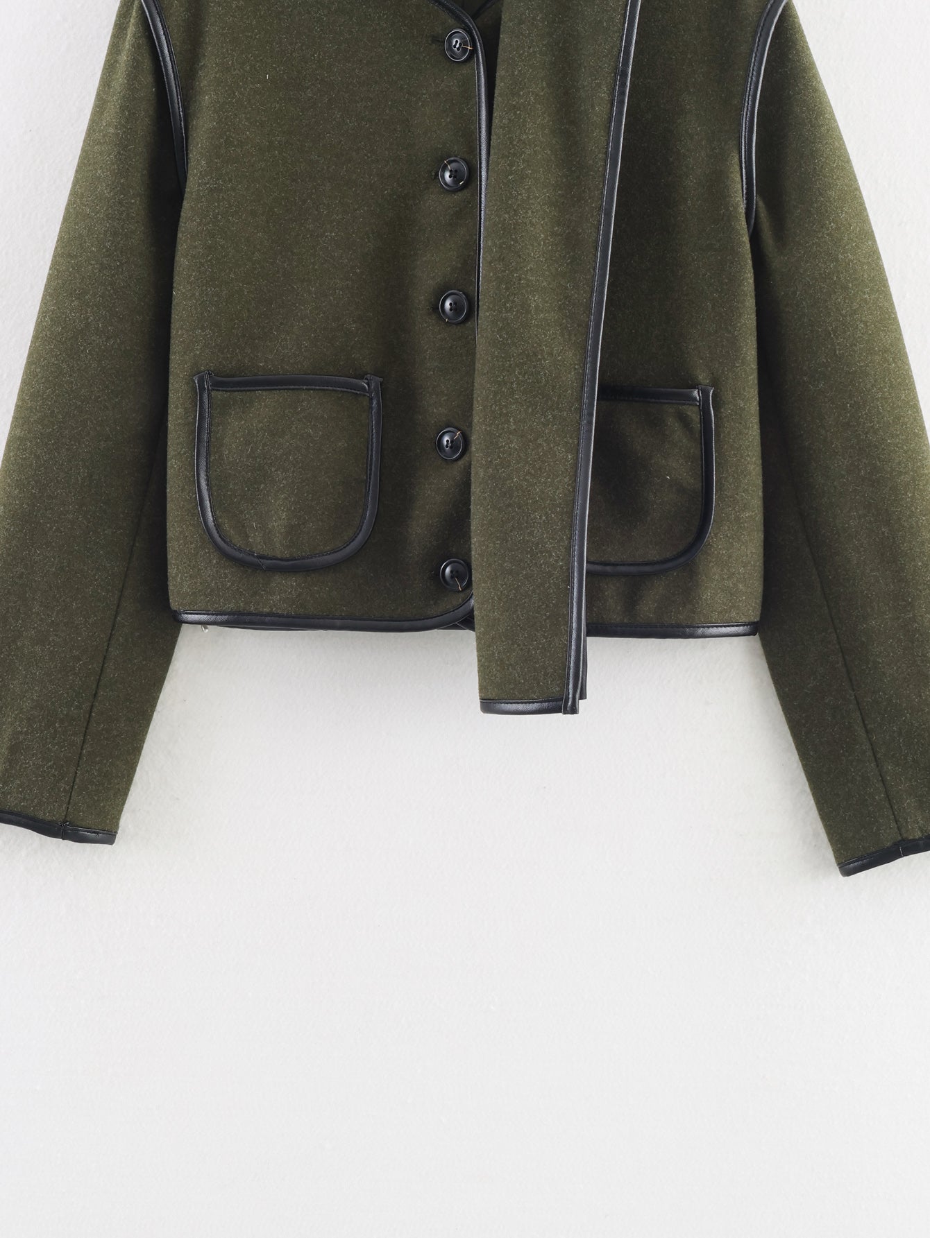 Cozy langry woolen jacket in olive green with black trim, fashion ملابس