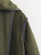 Olive green Langry wool coat with black leather accents and classic collar