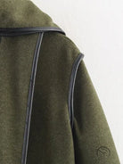 Langry fashion olive green wool coat with black leather accents