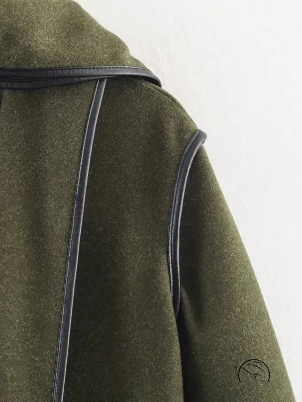 Langry fashion olive green wool coat with black leather accents