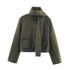 Langry fashion olive green woolen cropped coat with black faux leather trim and pockets