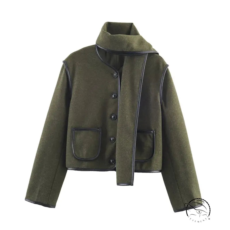 Olive green langry woolen baggy coat with faux leather trim and pockets